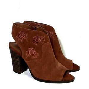 Lucky Brand Listana Boots Open Toe Suede Floral Pattern Size 9.5 EUC